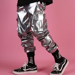 Men Streetwear Hip Hop Punk Silver Leather Pants Male Shiny Metallic Trouser Personality Harem Trouser Multi Pocket Cargo Clothe