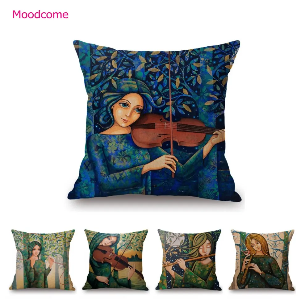 

Modern Art Abstract Oil Painting Girl Play Violet Carionet Cotton Linen Sofa Throw Pillow Case Home Decorative Cushion Cover