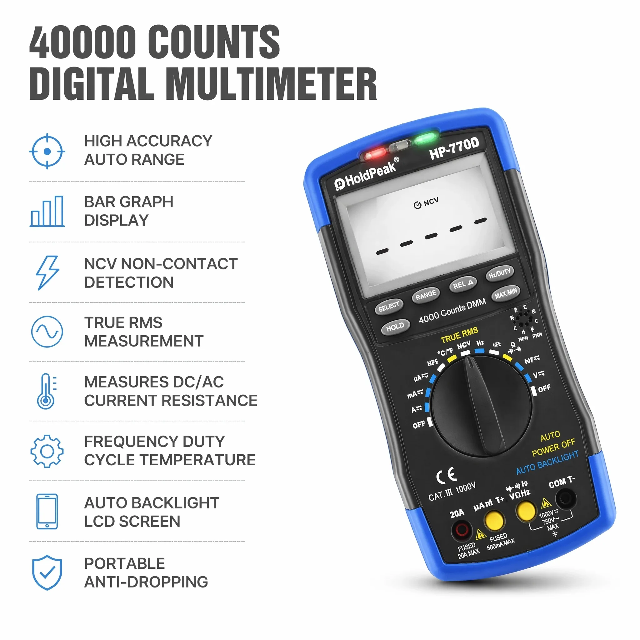 

True RMS Digital Multimeter 40000 Counts, CAT III 1000V, NCV Detection, DC/AC Voltage Current Capacitance Frequency & Transistor