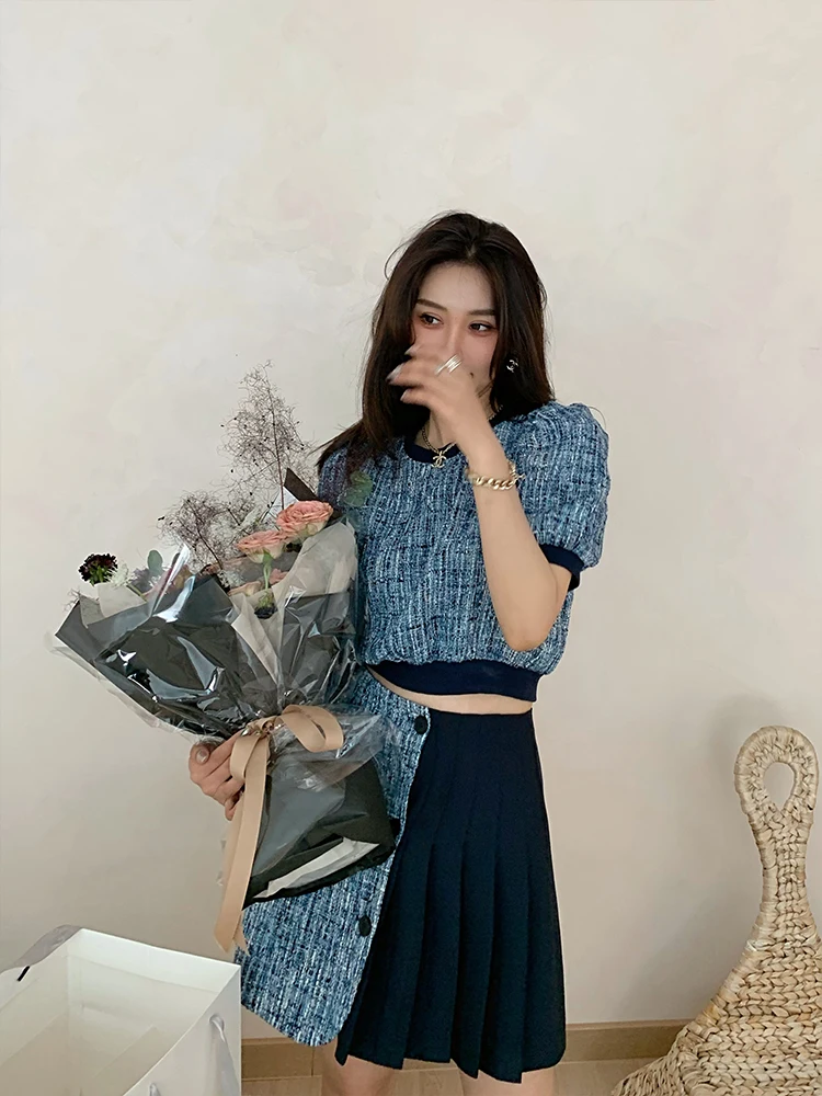 

Summer High Waist Bubble Sleeve Set for Women A-Line Skirt Two-Piece Outfit Elegant Fashionable Student Work Uniform