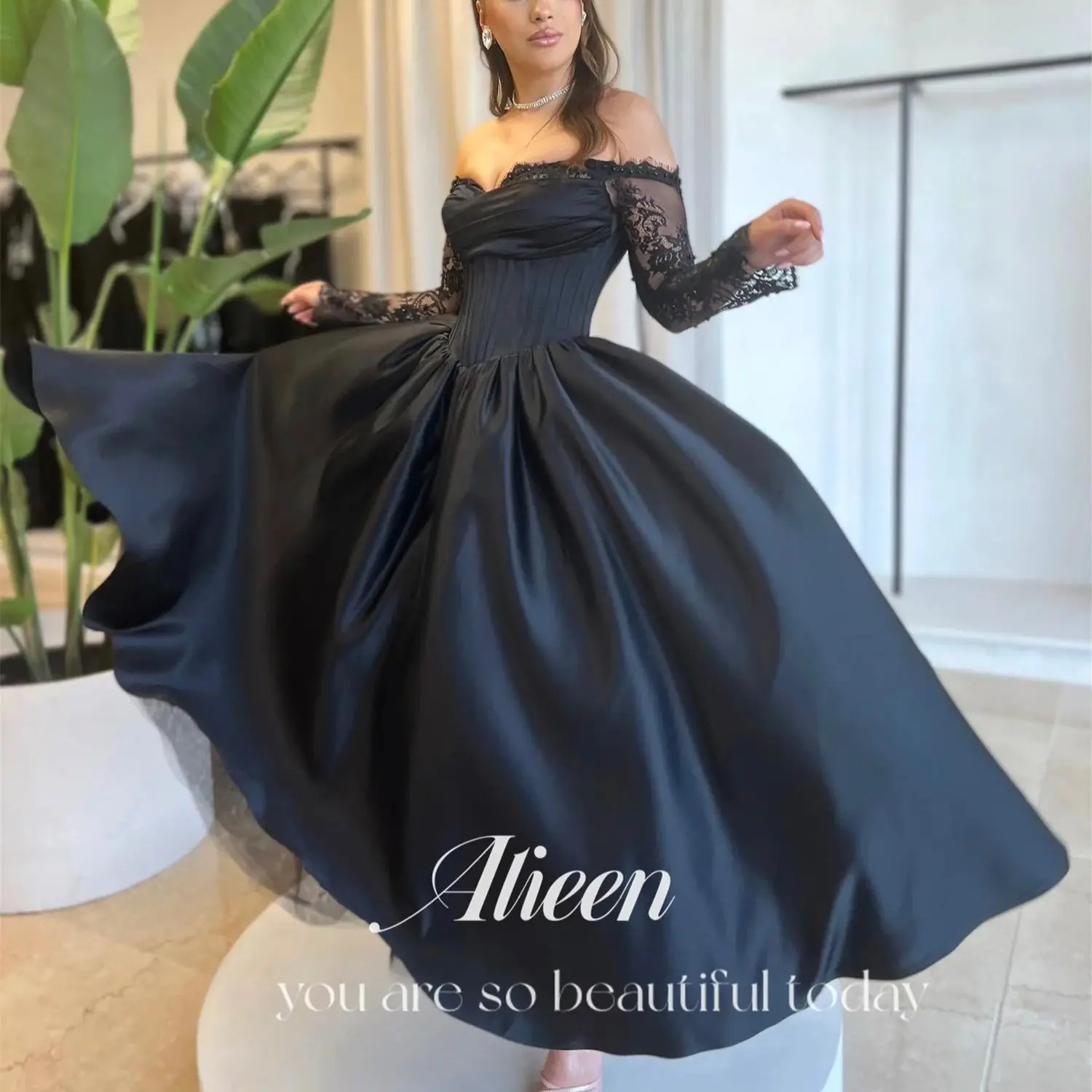 

Aileen Black Evening Dress Custom Color Long Satin Prom Party Dresses Lace Sleeves Off the Shoulders Elegant Wedding Woman Gala