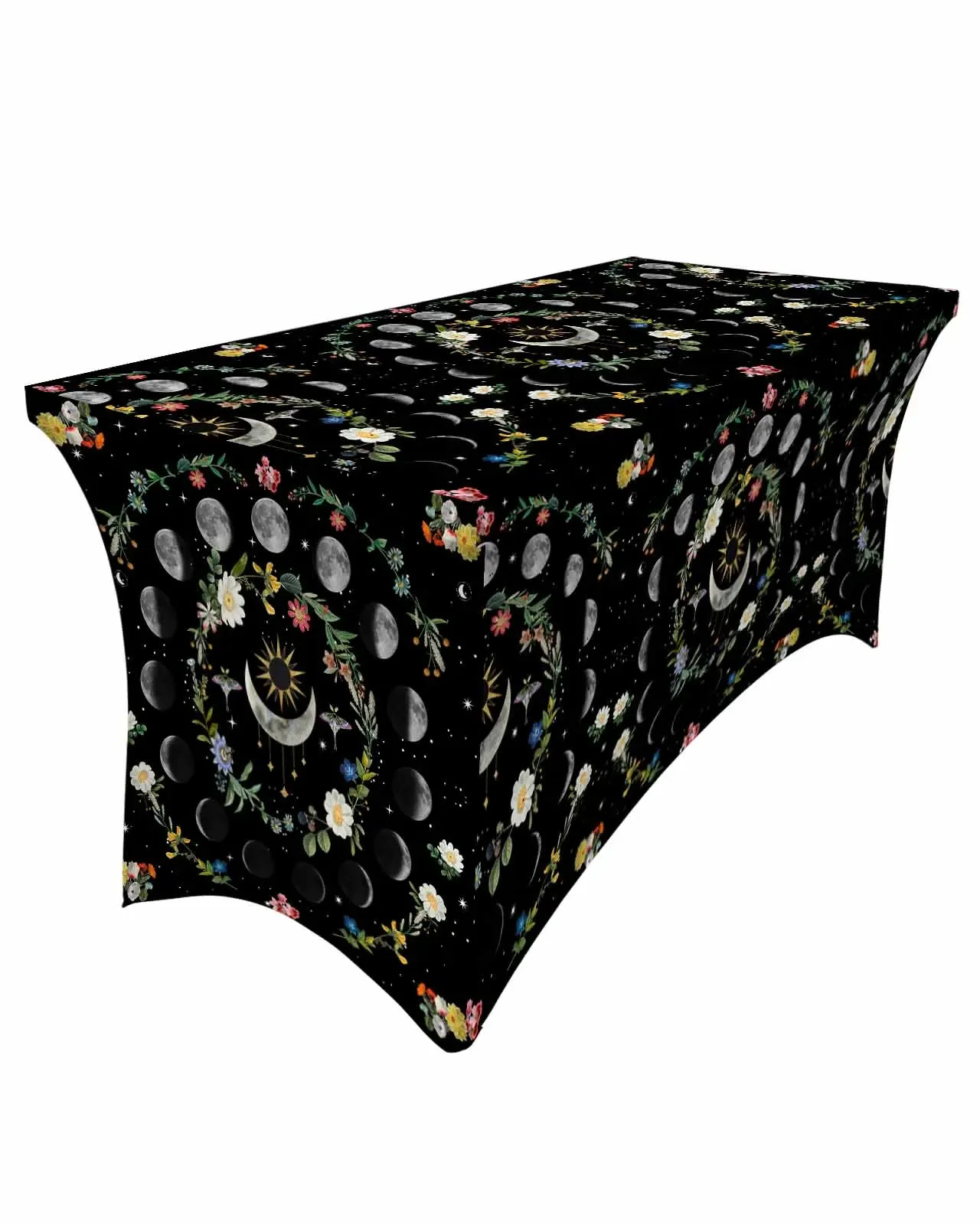 Lunar Flowers Plants Retro Stars Black Rectangular Elastic Table Skirt Wedding Table Cover Kitchen Dining Table Tablecloth