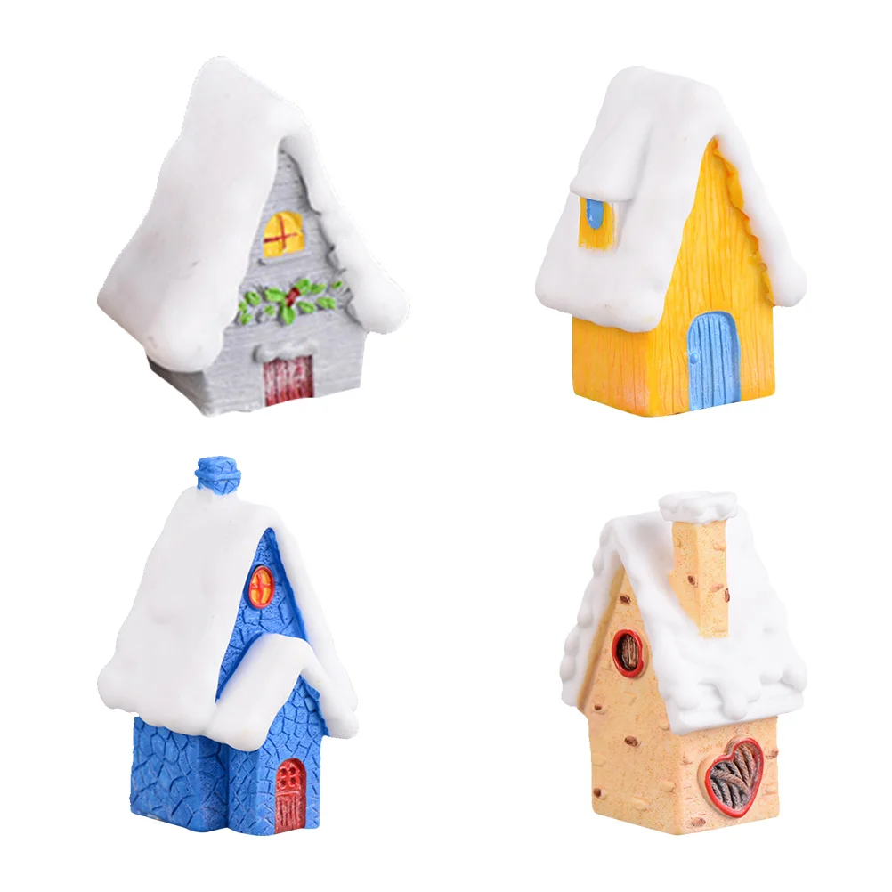 4 PCS Small Snow House DIY Micro Landscape Christmas Tree Decorations Resin Crafts Ornament Miniature Jesus