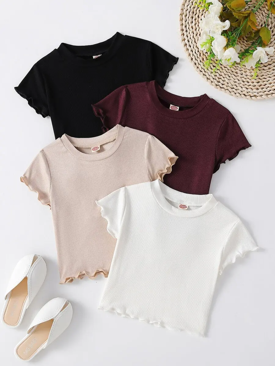 

Набор из 4 детских укороченных футболок в рубчик с рюшами по низу, однотонные, для повседневной летней носки