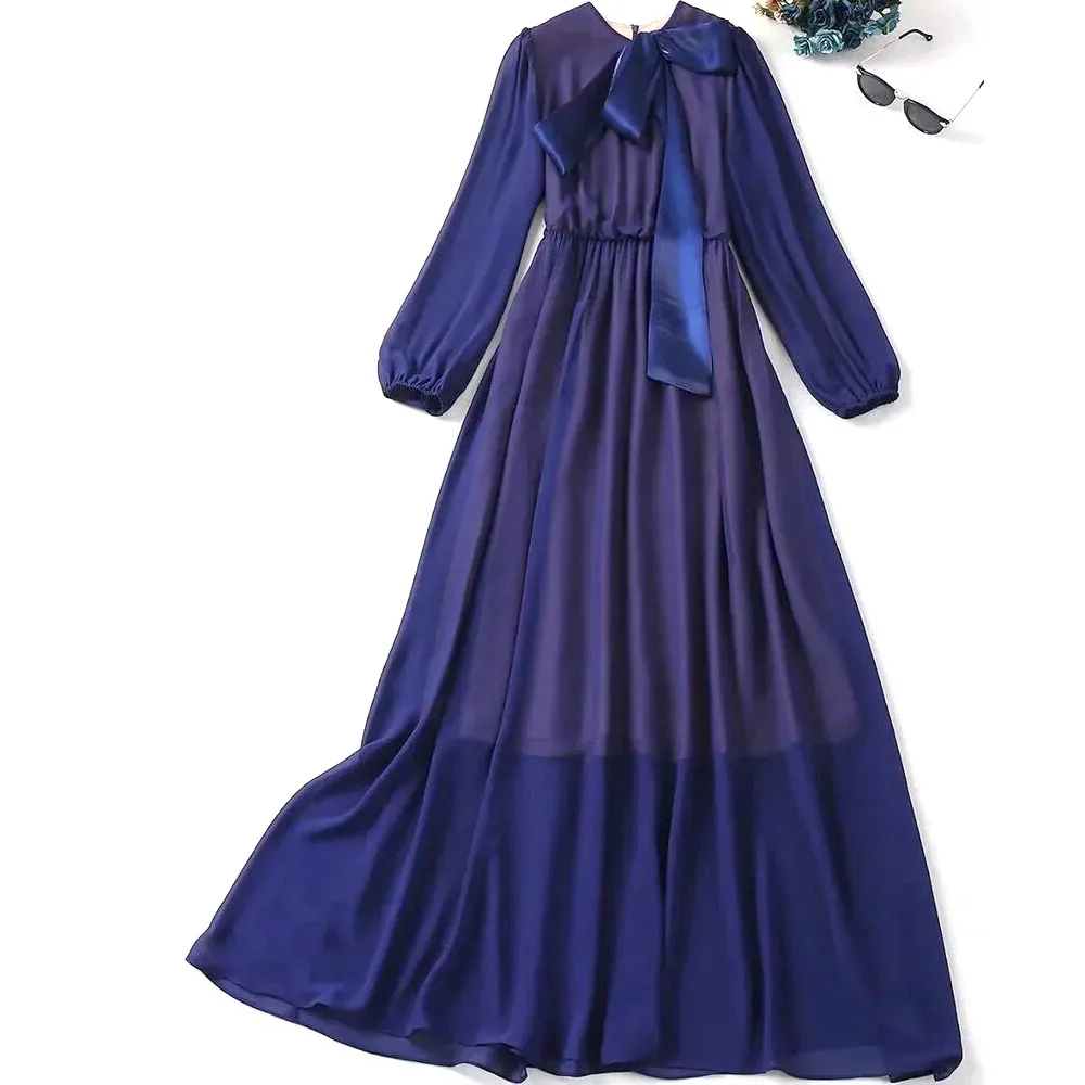 

Doris Fanny 2024 Fashion Lace A-Line Dress Women's Butterfly Knot Lantern Sleeve High Waist Big Swing Dress Female Elegant