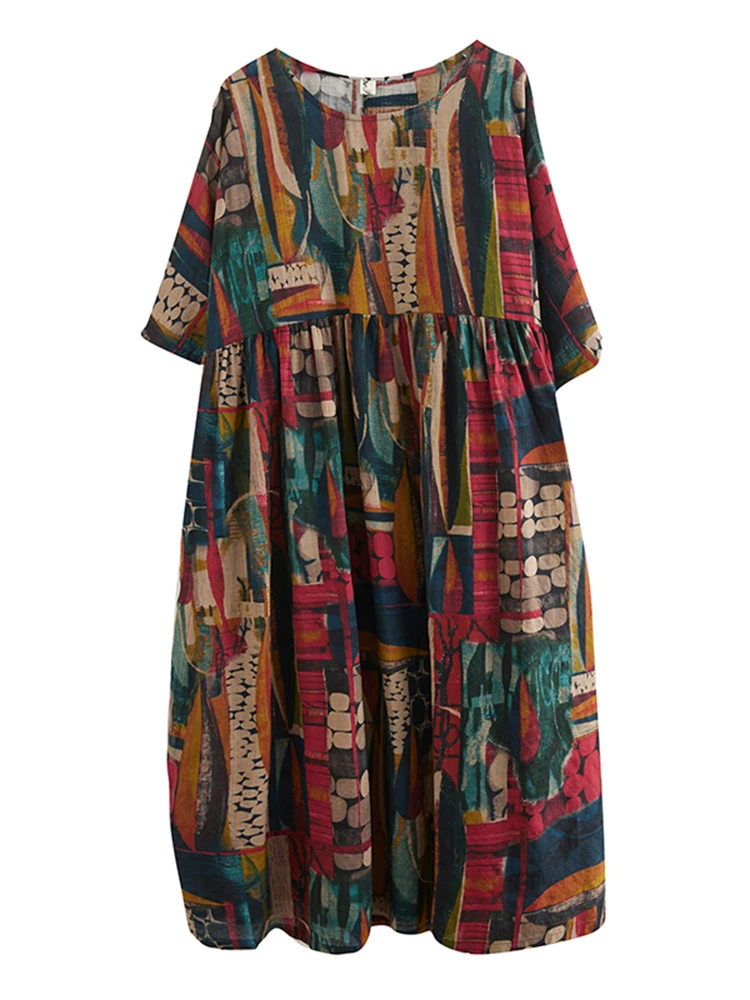 Kurzarm Baumwolle Leinen Vintage Print Sommer lange Kleider für Frauen 2024 lässig lose Urlaub Damen Kleid elegante Kleidung