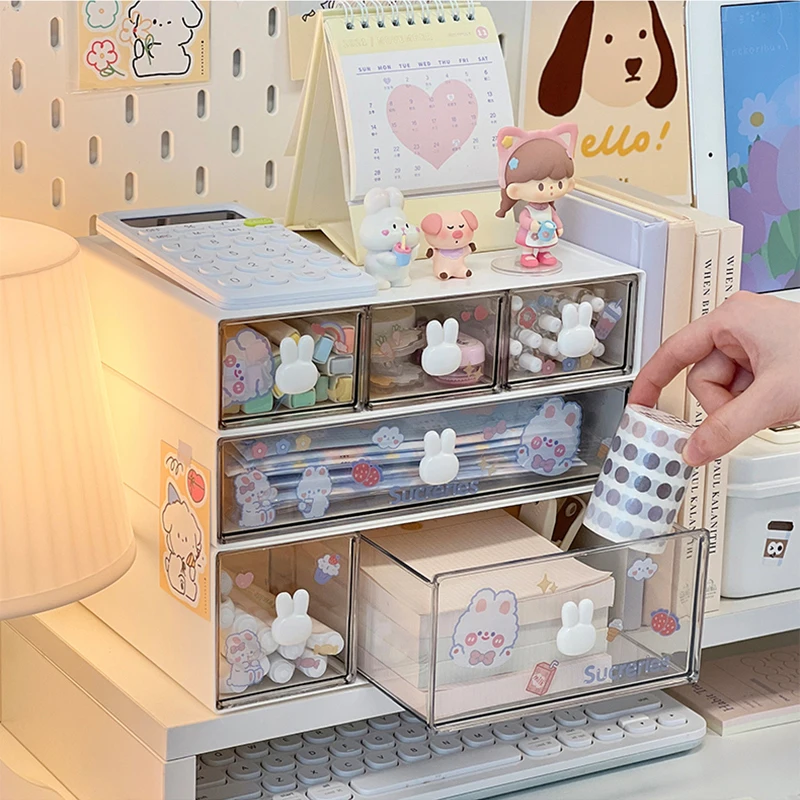 Desk Organizer Drawer With Sticker Cute Plastic Clear Organizing Boxes Stationery Storage Box Container For Home School