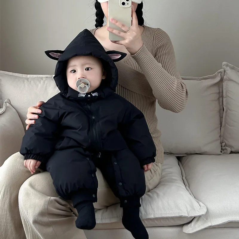 Baby jumpsuit winter new plush and thick hooded down climbing suit for babies to go out and hug clothes, newborn cotton jacket