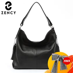 Zency Ladies Large Cowhide Shopper Bag Genuine Leather With Zipper Vintage Tassel Handbag Black Red Strap Shoulder bag For Women