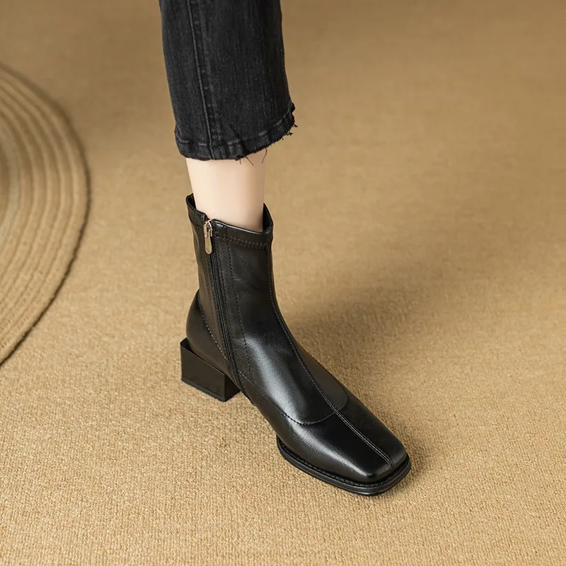 Square Toe Women Ankle Boots Flock Stretch Shoes Thin Mid Heels Black/Brown/Beige Back Zipper Dress Sock Boots Woman