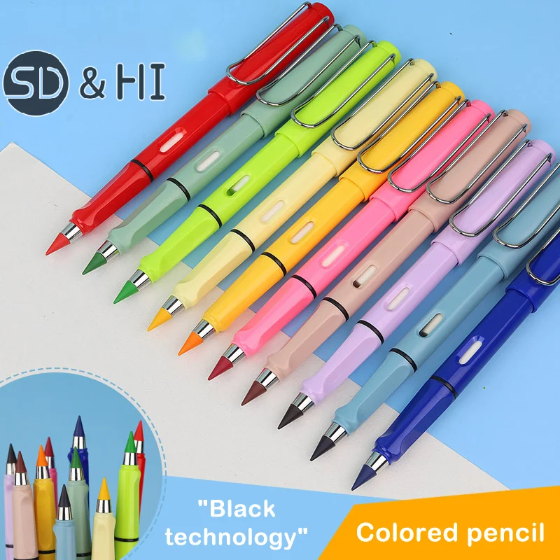 12PCS Colorful Eternal Pencil Replaceable Nibs Art Sketch Painting Unlimited Writing Pen Magic Erasable Refills School Supplies