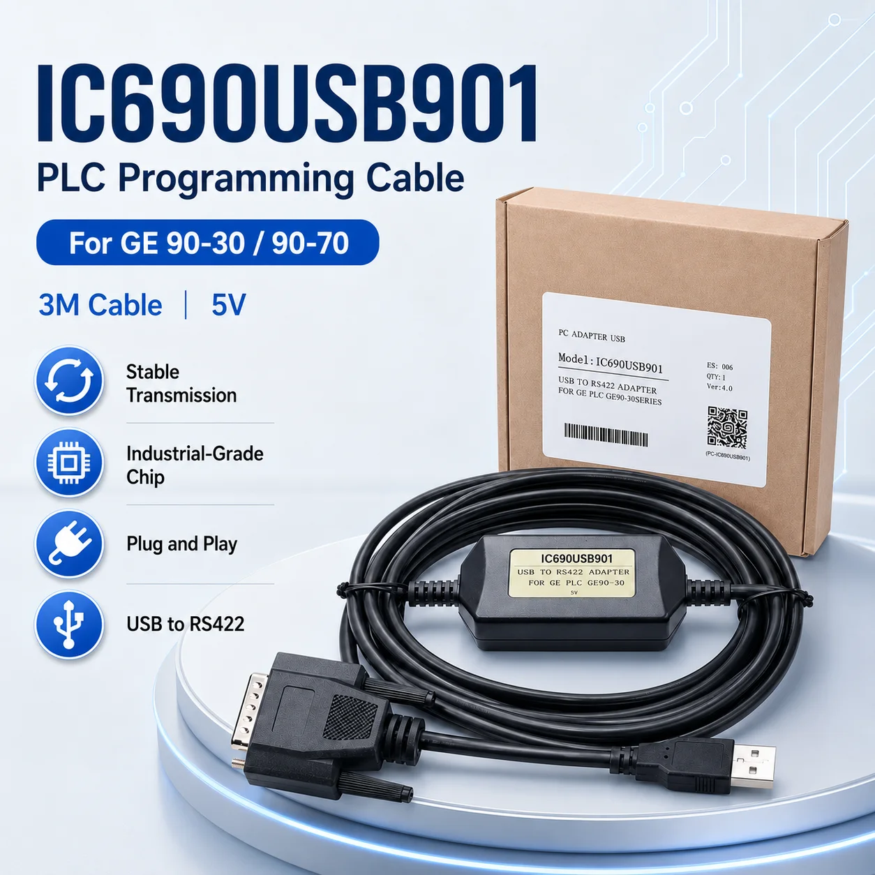 IC690USB901 3M PLC Programming Cable, USB to RS422 Download Adapter for GE 90-30 90-70, 5V High-Performance Communication