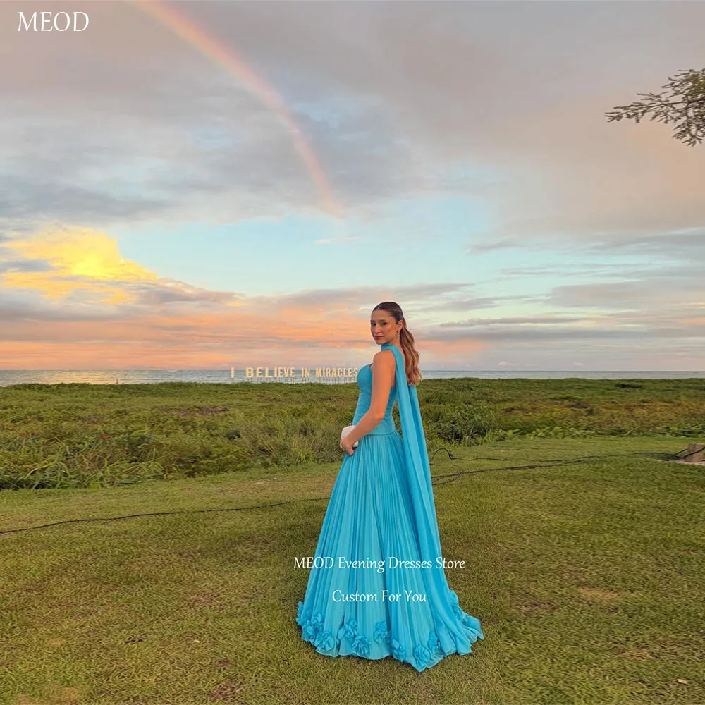 MEOD Elegantes Chiffon-Kleid in A-Linie, trägerlos, bodenlang, Ballkleid, ärmellos, 3D-Blumen, Abendkleider, individuell gestaltet