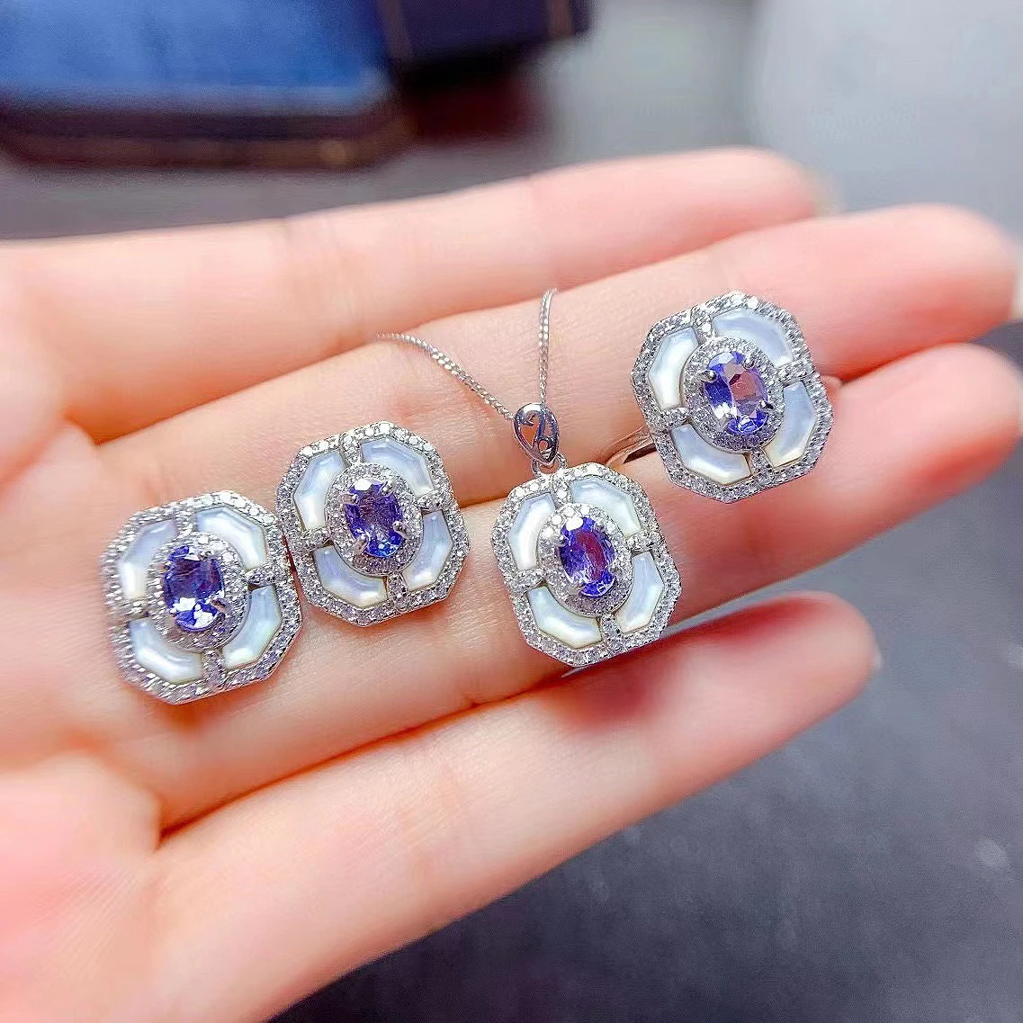 

Natural Tanzanite Necklace Earrings Ring Set S925 Sterling Silver Natural Stone Exquisite Fashion Women's Wedding Jewelry