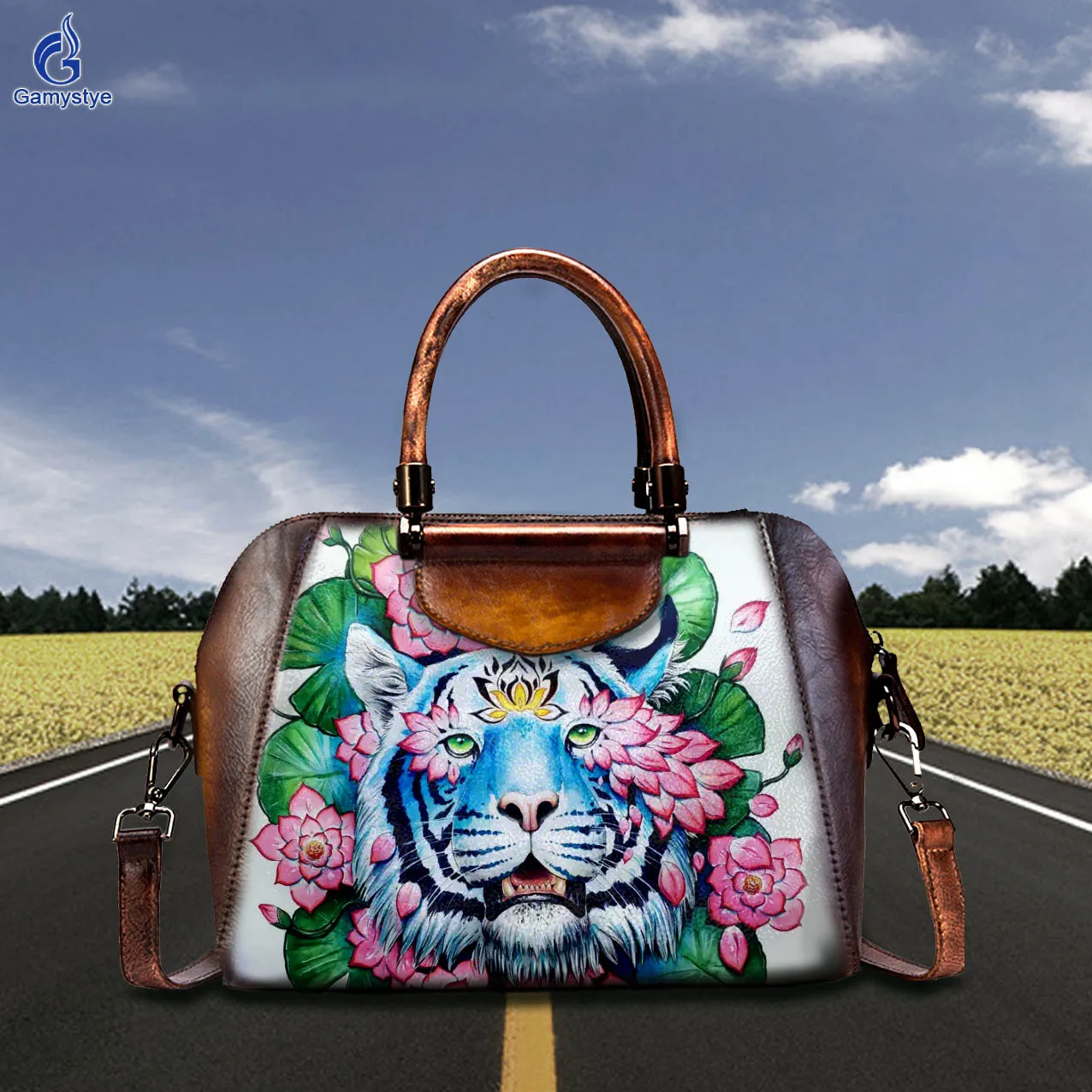 Art Hand-Painting Customize Totes Flower and tiger For women Handbag Designer Shoulder Bag Real Cowskin Leather Big Capacity New