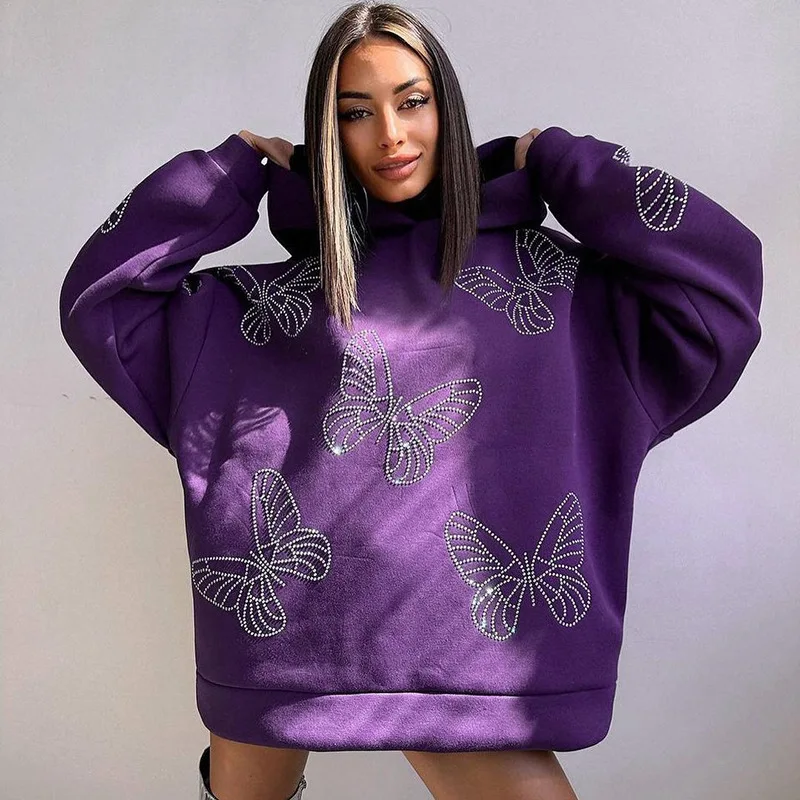 Purple Loose Hoodies Women Long Sleeve Iron-On Butterfly New Diamonds Graphic Hooded Sweatshirts Pullovers With Rhinestone