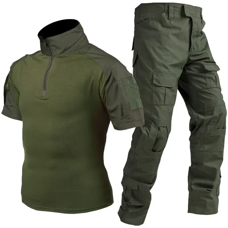 

Camo Training Set Mens Summer Tactics Short Sleeved T-shirt+Multi Pocket Waterproof Cargo Pants Suits Outdoor Hunting Uniform