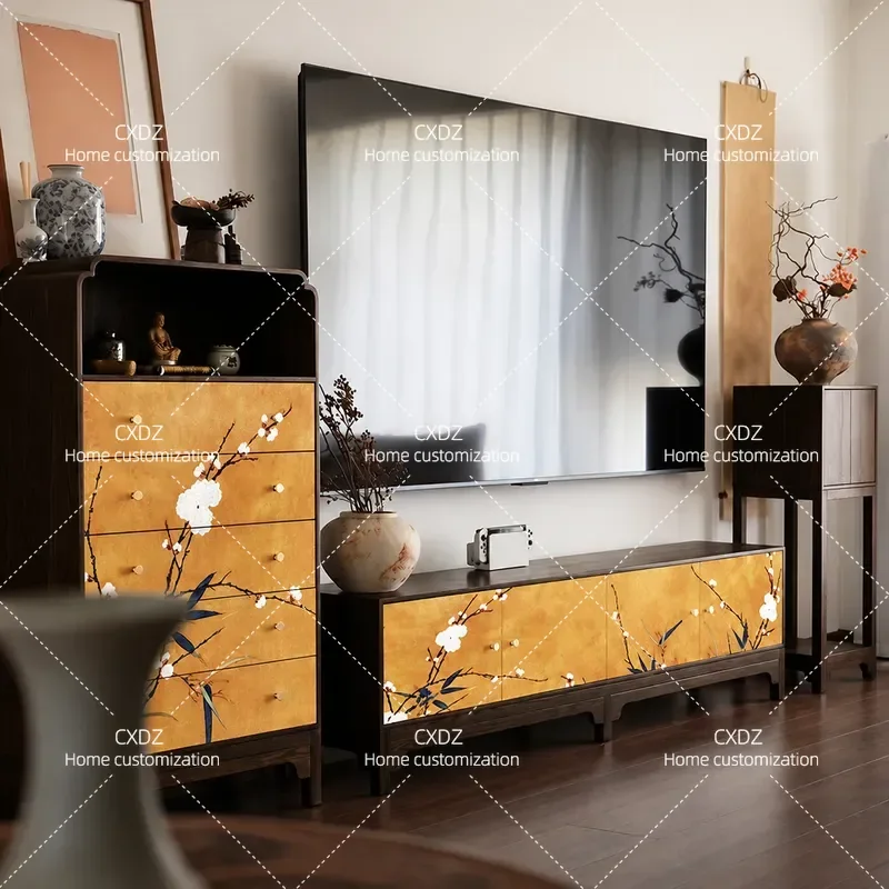 Solid Wood TV Cabinet New Chinese Style Floor Storage Unit with Plum Blossom Painting Zen Living Room Furniture Yellow