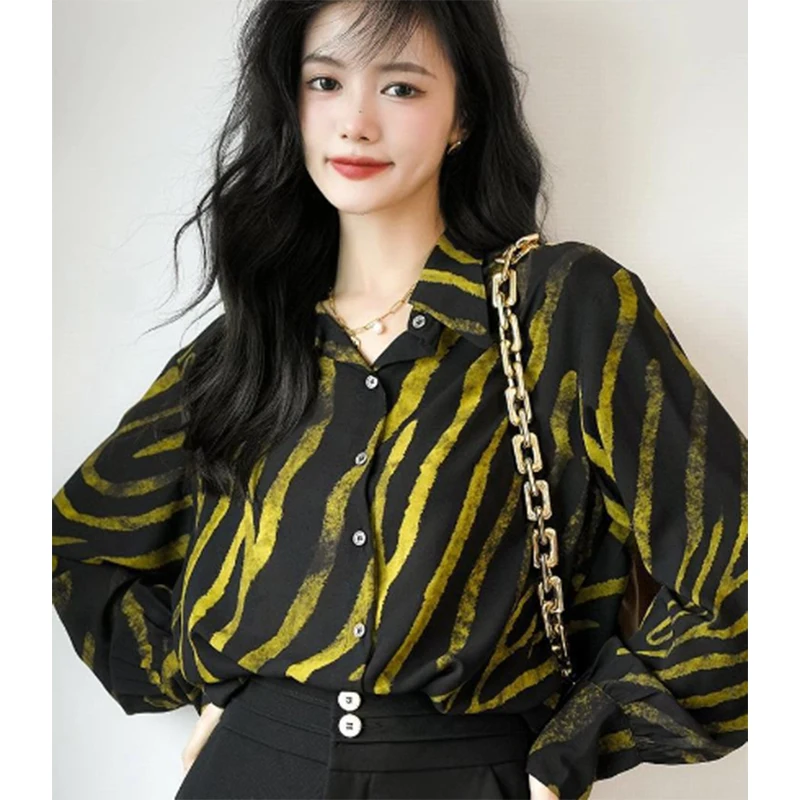 Women Korean Fashion Loose Striped Satin Polo-Neck Long Sleeve Shirts Women Clothes All-match Appear Thin Office Lady Tops