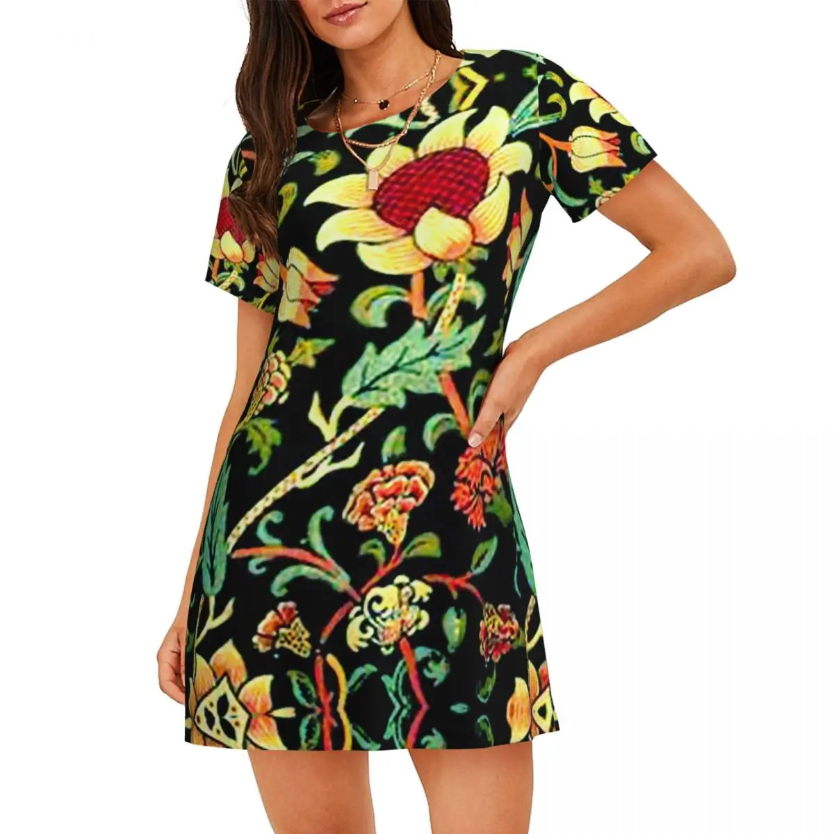 

Custom William Morris Vintage Sunflower Floral Women Nightgown Sleepwear Short Sleeves Textile Sleepdress Women's Pajamas