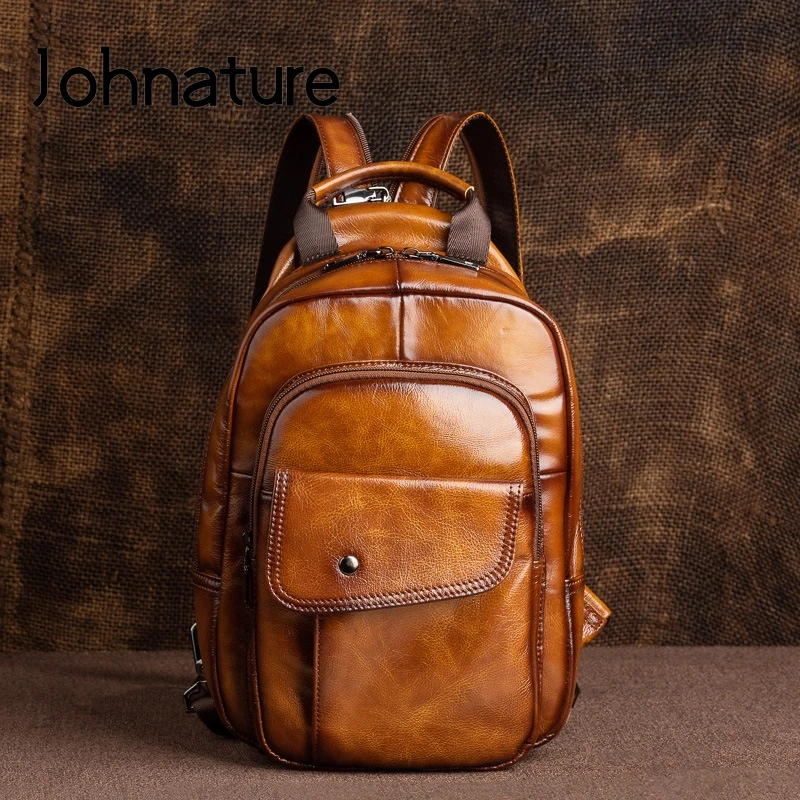 Johnature 2024 New Retro Men Mini Backpack Genuine Leather Multifunctional Bag First Layer Cowhide Handmade Male Chest Bags