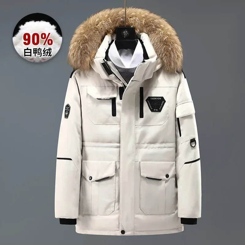 

Fur Collar Winter Jackets Men Hooded Parka Coat Outdoor Thick Warm White Duck Down Jacket