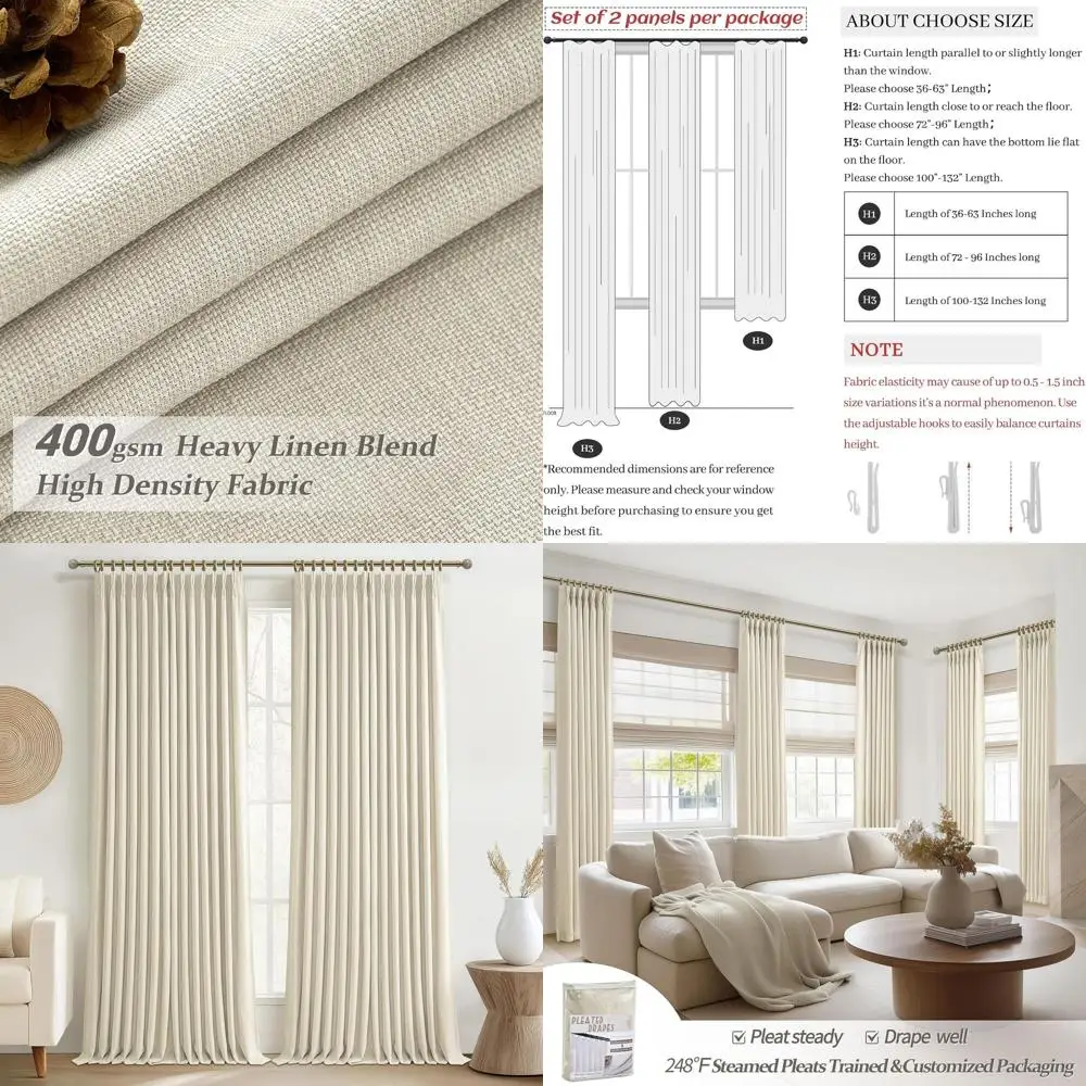 

Элегантные плиссированные шторы из смеси льна, длина 96 лет, песочно-бежевый, комплект из 2 панелей для конфиденциальности гостиной и спальни