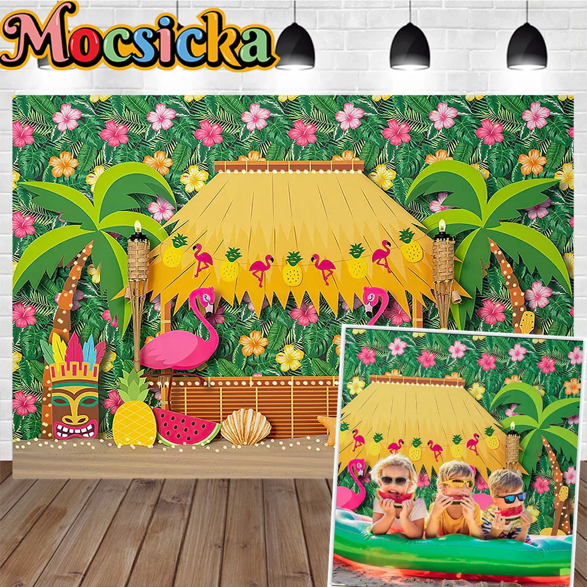 

Summer Hawaii Tropical Forest Party Floar Decor Background Green Leaf Flamingo Fruit Mask Light House Backdrop Wedding Birthday