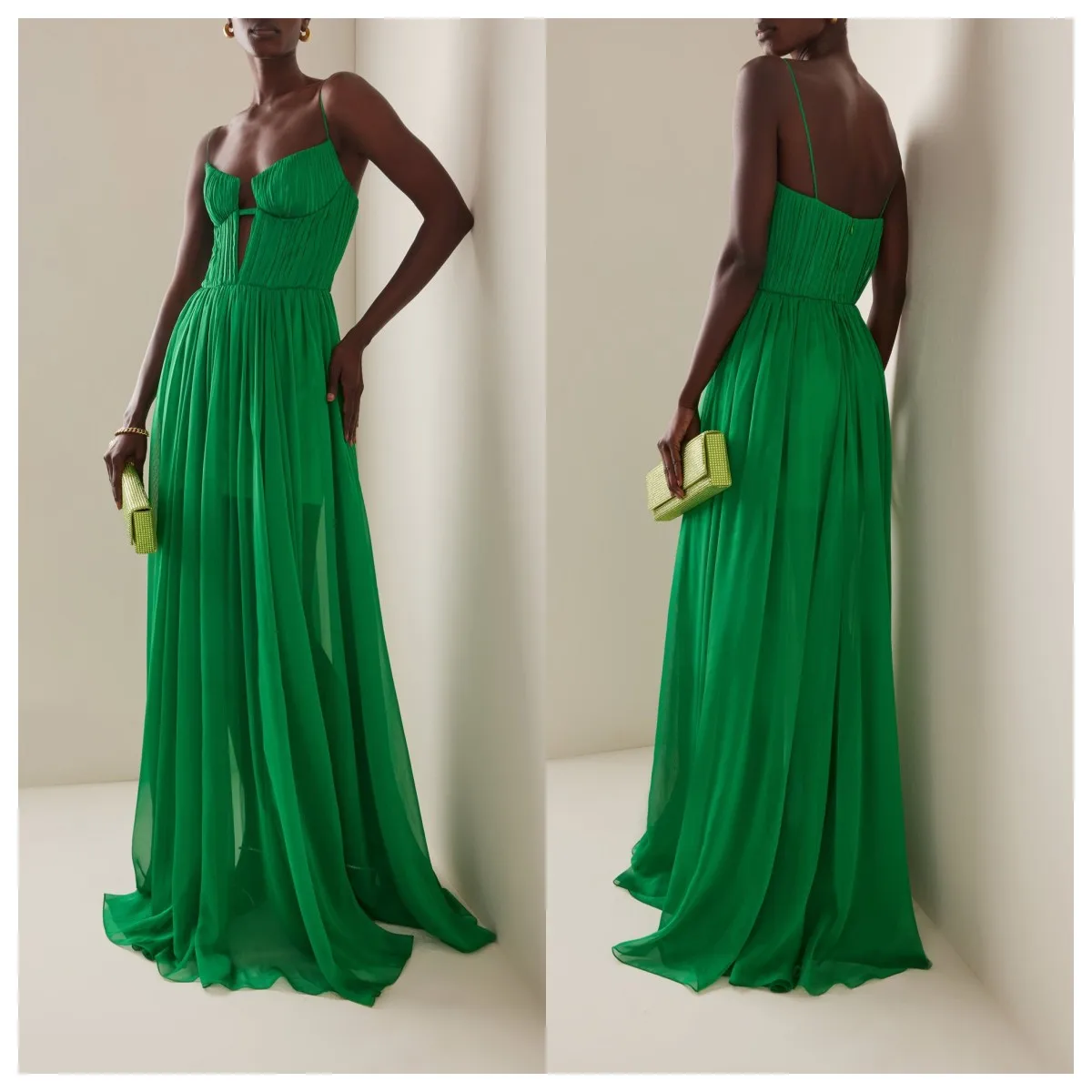 Bowith Chiffon Green Spaghetti Strap Party Dress for Women V Neck Draped Evening Dresses Beach Vocation Long Dress vestidos