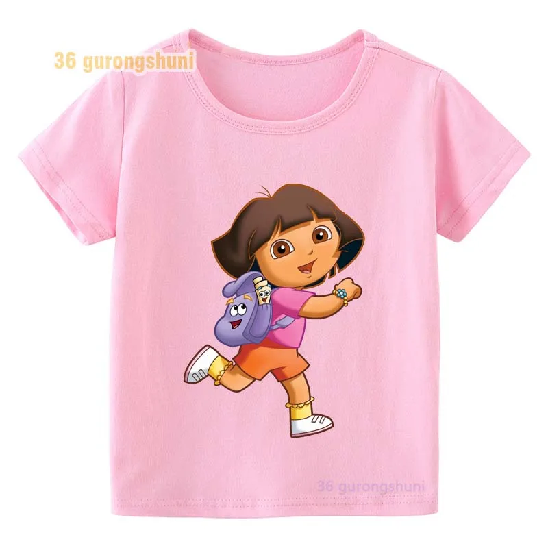 Funny Cartoon Dora T Shirt For Girls Pink Tops Graphic Tee Children clothing Kids Clothes Girl 8 To 12 Summer baby Short Sleeve