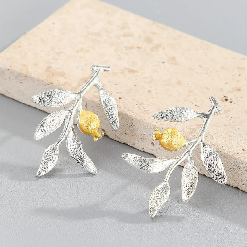 BKBK Two Tone Textured Leaf Golden Pomegranate Branch Stud Women Earrings Wedding Earrings for Valentine Thanksgiving Nature Boho Bridal Jewelry for Brides Bridesmaids Adult Ladies Garden Daily Party Occasion