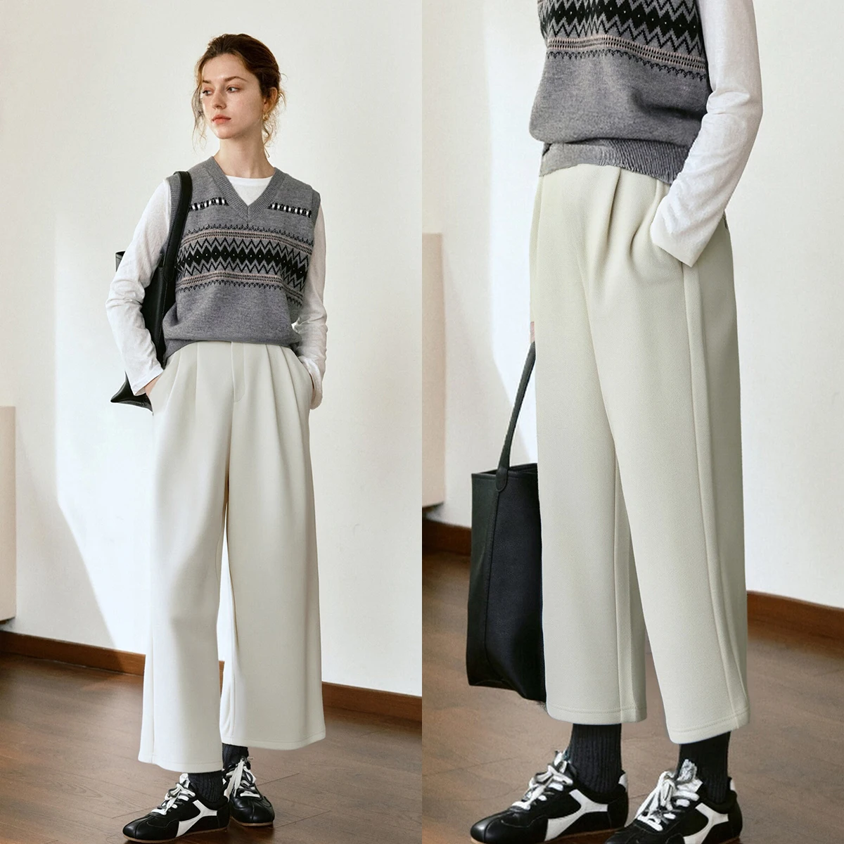 OLrain Casual Ankle-Length Pants for Woman 2025 Autumn Winter Wide-leg Pants Pockets Solid Straight Female Trousers O57QK001500