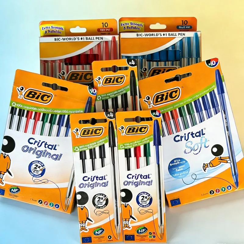 Bolígrafo de Cristal French-BIC Cristal, 1.0/0.8mm, Negro, Rojo, Azul-Verde, Paquete de 4, 10 Unidades, Papelería Bonita, Bolígrafos Escolares