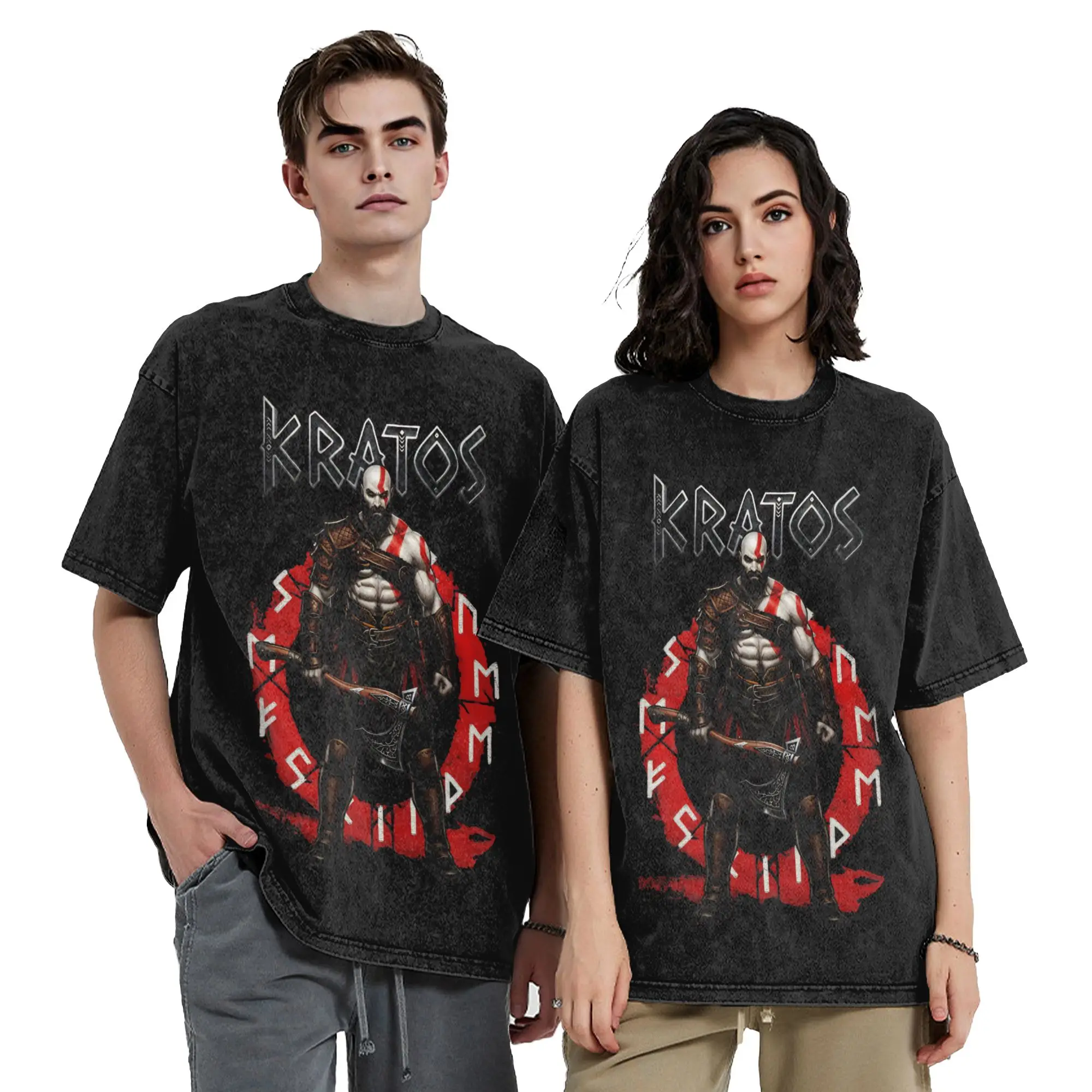 Washed T Shirts Kratos God Of War Game Art Hip Hop T-Shirt Street  Streetwear Short Sleeve Summer Tops Tops Tees for Men Women