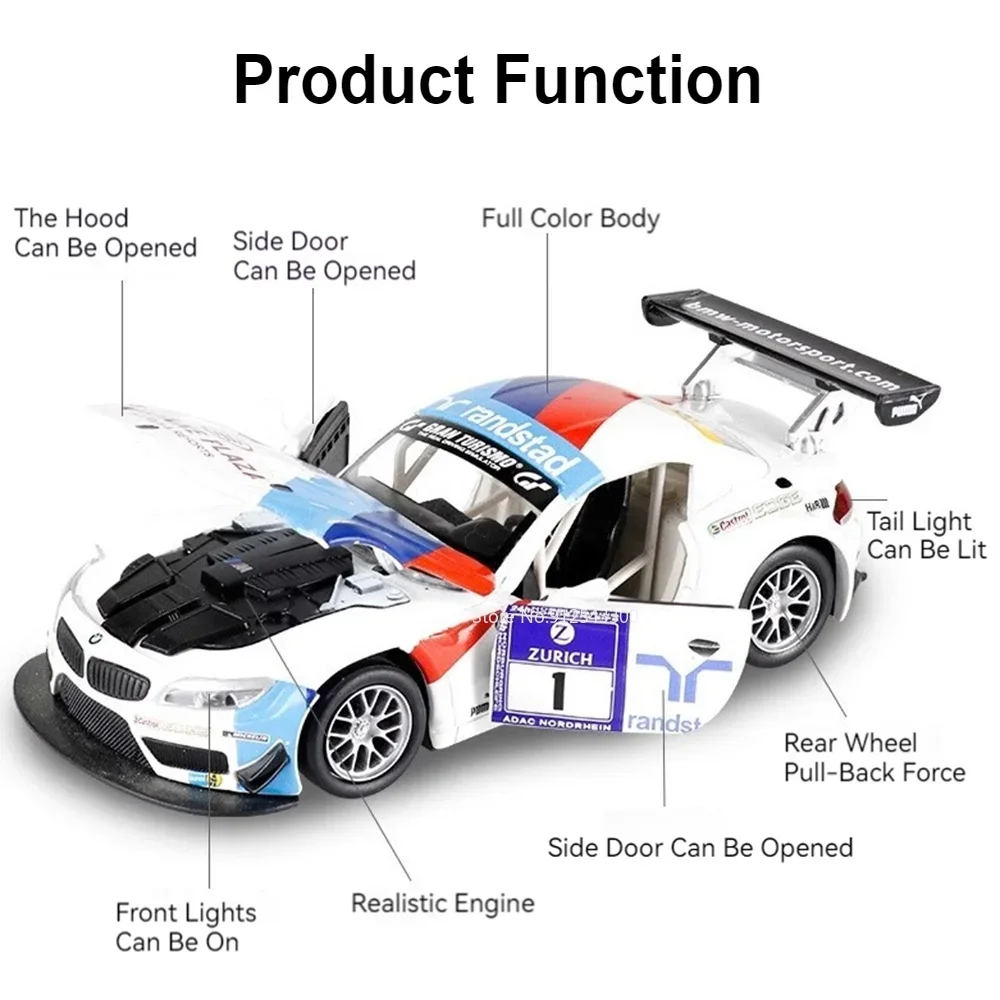 CCA 1/32 BMW Z4 GT3 Rally Car Model Toy Alloy Diecast Simulation Sound Light Pull Back Collection Boys Toys Gifts for Birthday