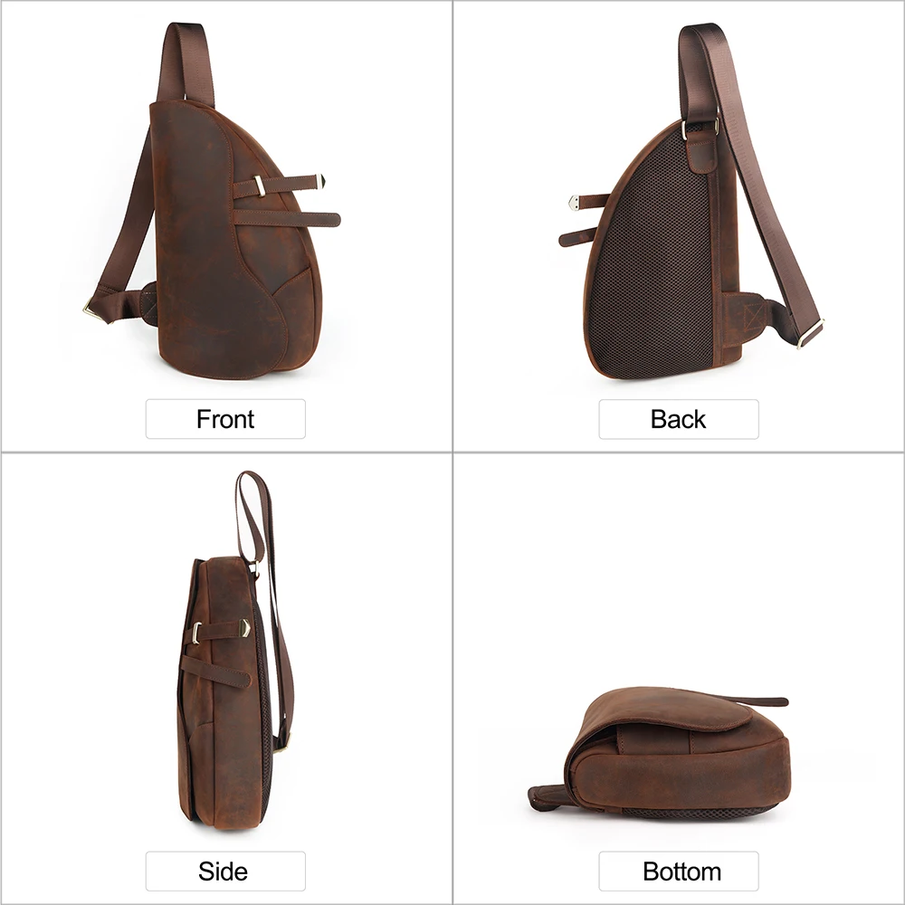 Vintage Crazy Horse Leather Sling Chest Bag Casual Shoulder Daypacks for Men Cowhide Chest Packs Crossbody Sling Bag Male