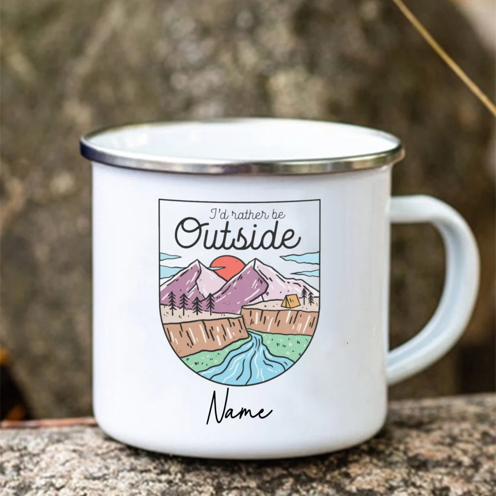 Nome personalizado Camping & Adventures Esmalte Canecas Mão Desenhada Logo Campervan Outdoor Coffee Handle Caneca Presente Campista