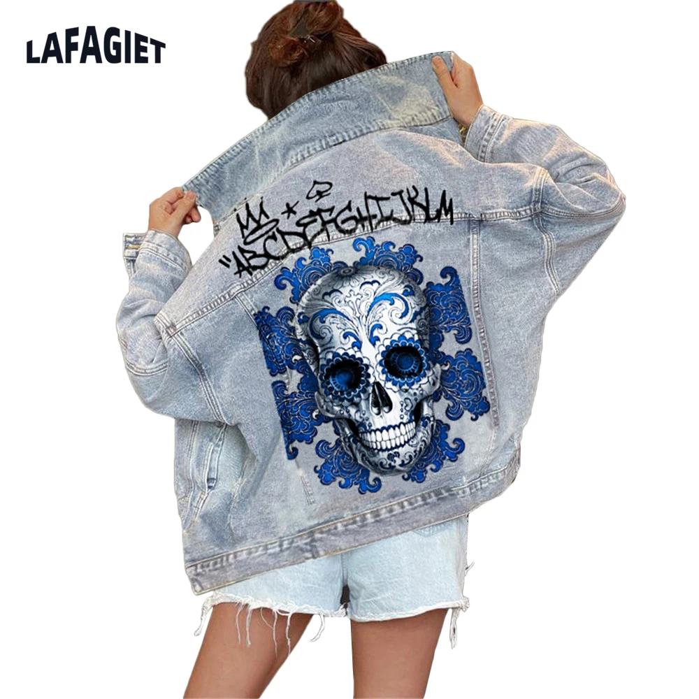 

Women Denim Jacket 2022 Fashion Casual Skull Printed Big Picture Light Blue Jean Coat High Street Single Breasted Lapel Overwear