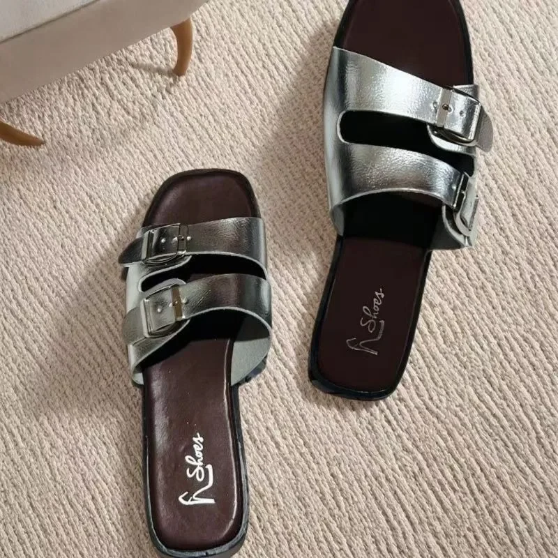 

Feslishaoet Women's Thick Bottom Double Button Sandals Outdoor Flat Flat Dress Slippers Open Toed Slippers