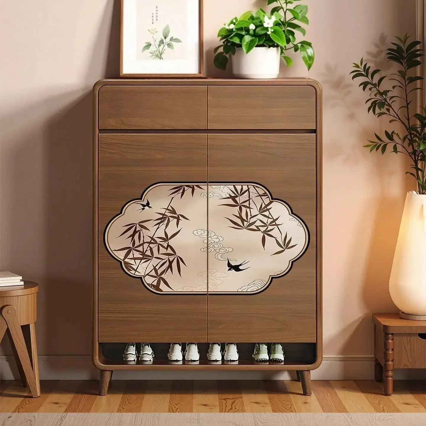 - Solid Wood Shoe Cabinet Song Dynasty Aesthetic Retro Porch Cabinet Integrated Household Door Large CapacityN8