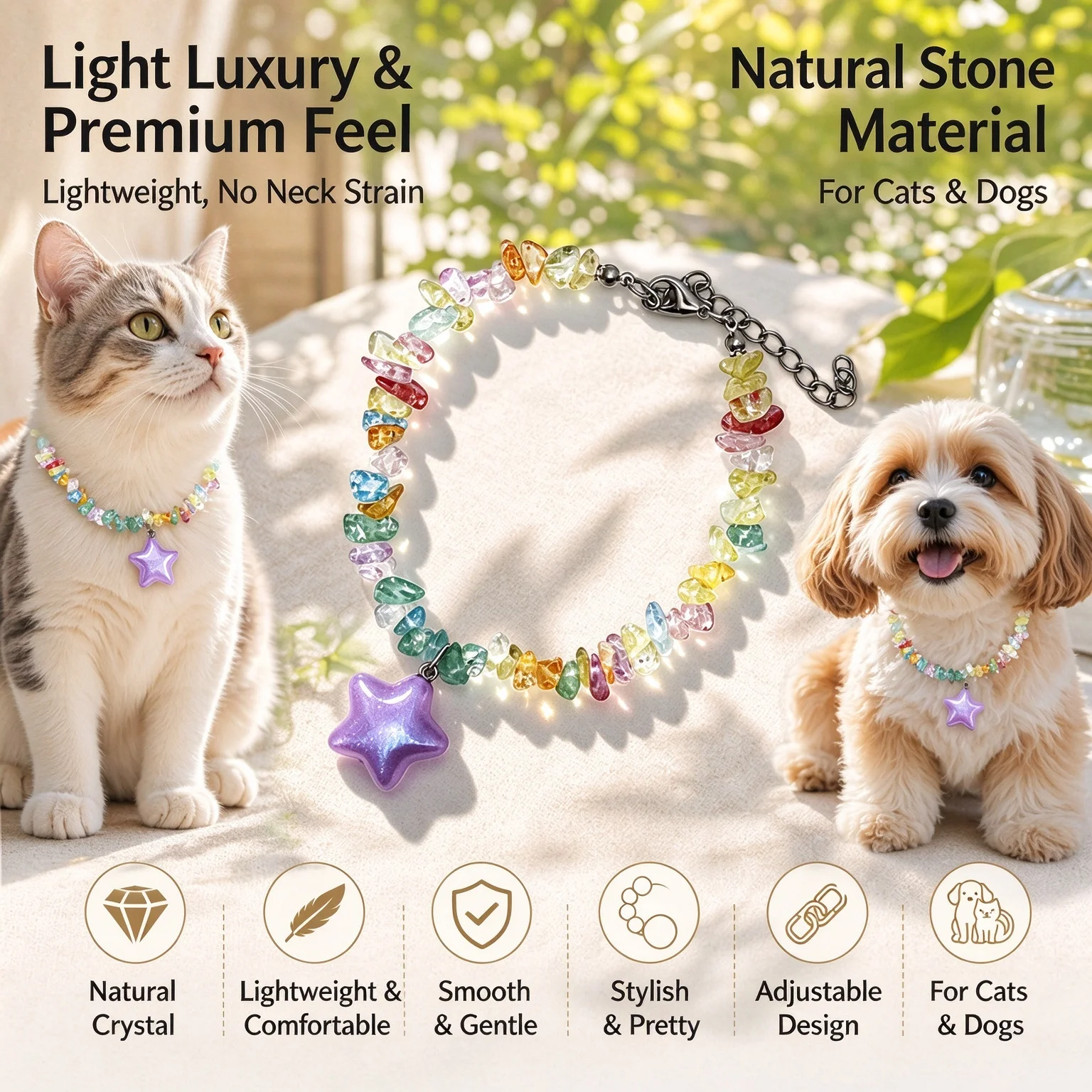 Photography Basics - 猫や小型犬用のカラフルなクリスタルチップ付き首輪。星のペンダントが付いており、サイズ調整が可能。軽量で、ペットの写真撮影に最適なアクセサリー。