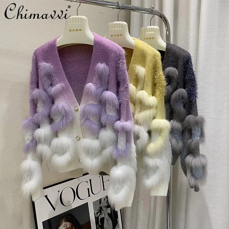 Moda elegante socialite pelliccia impiombata cardigan lavorato a maglia scollo a V manica lunga monopetto vera pelliccia di volpe cappotti giacca invernale da donna