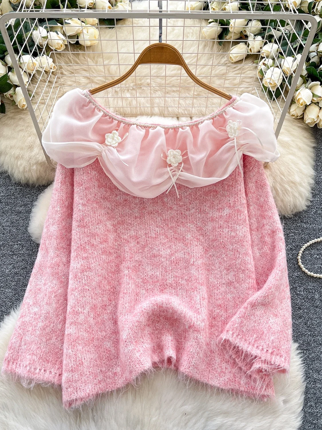 

Sweet Gentle Sle Long Sve Knitted Sweater Women's Loose One-oulder Le Splicing Warm Autumn Faion Casual Sweater