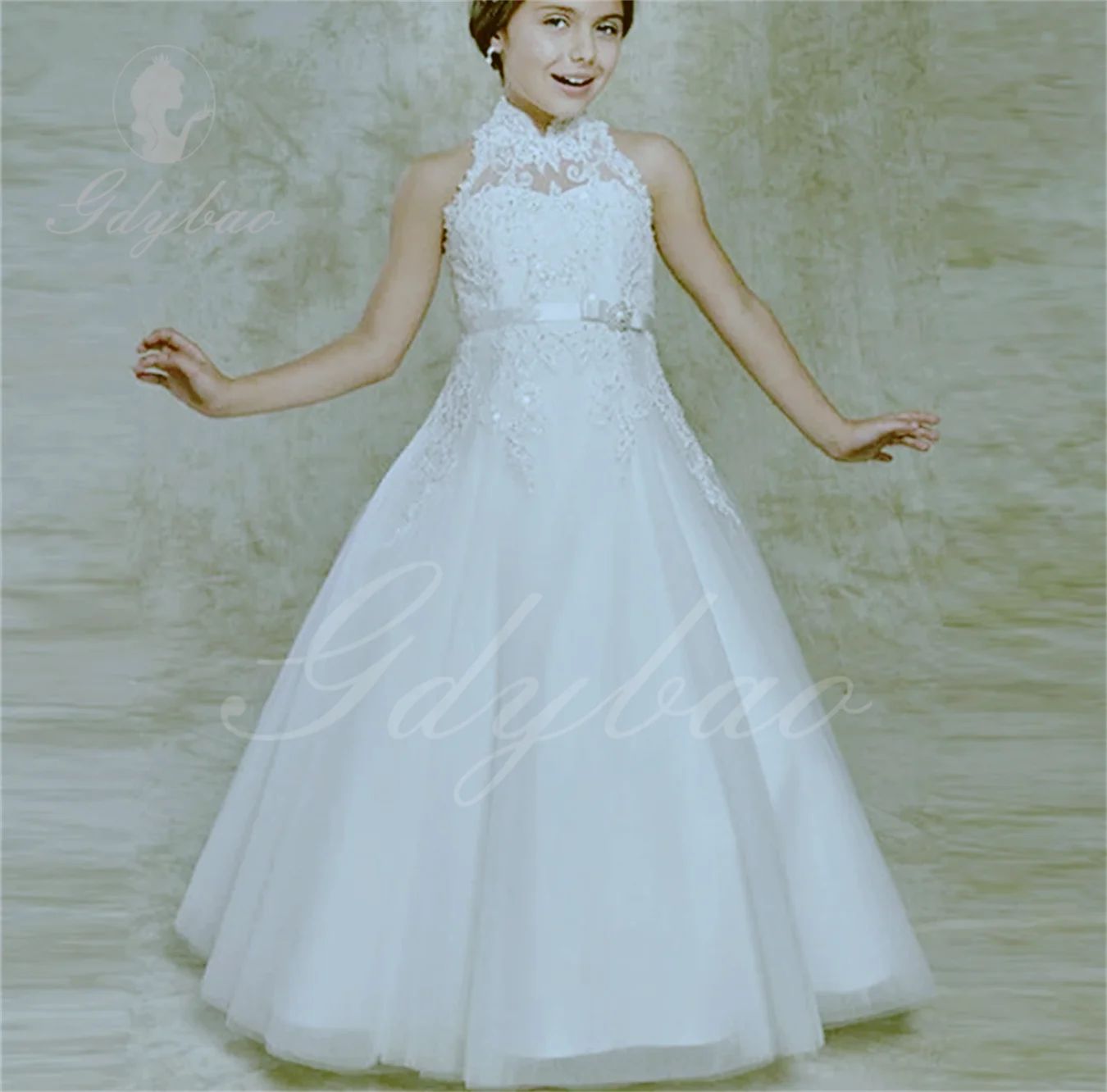 3/4 Long Sleeves Romantic French Lace Flower Girl Dresses Vestidos Primera Comunion Para Ninas  Jewel Neck Different Color