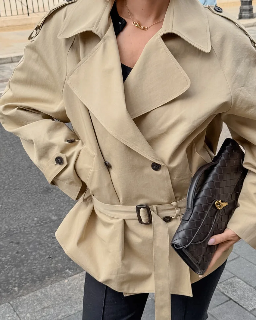 

2025 Autumn Fall Lace-up Trench Jacket Coat Women Fashion Lapel Long Sleeves Wide Shoulder Windbreaker Commuting Jackets Clothes