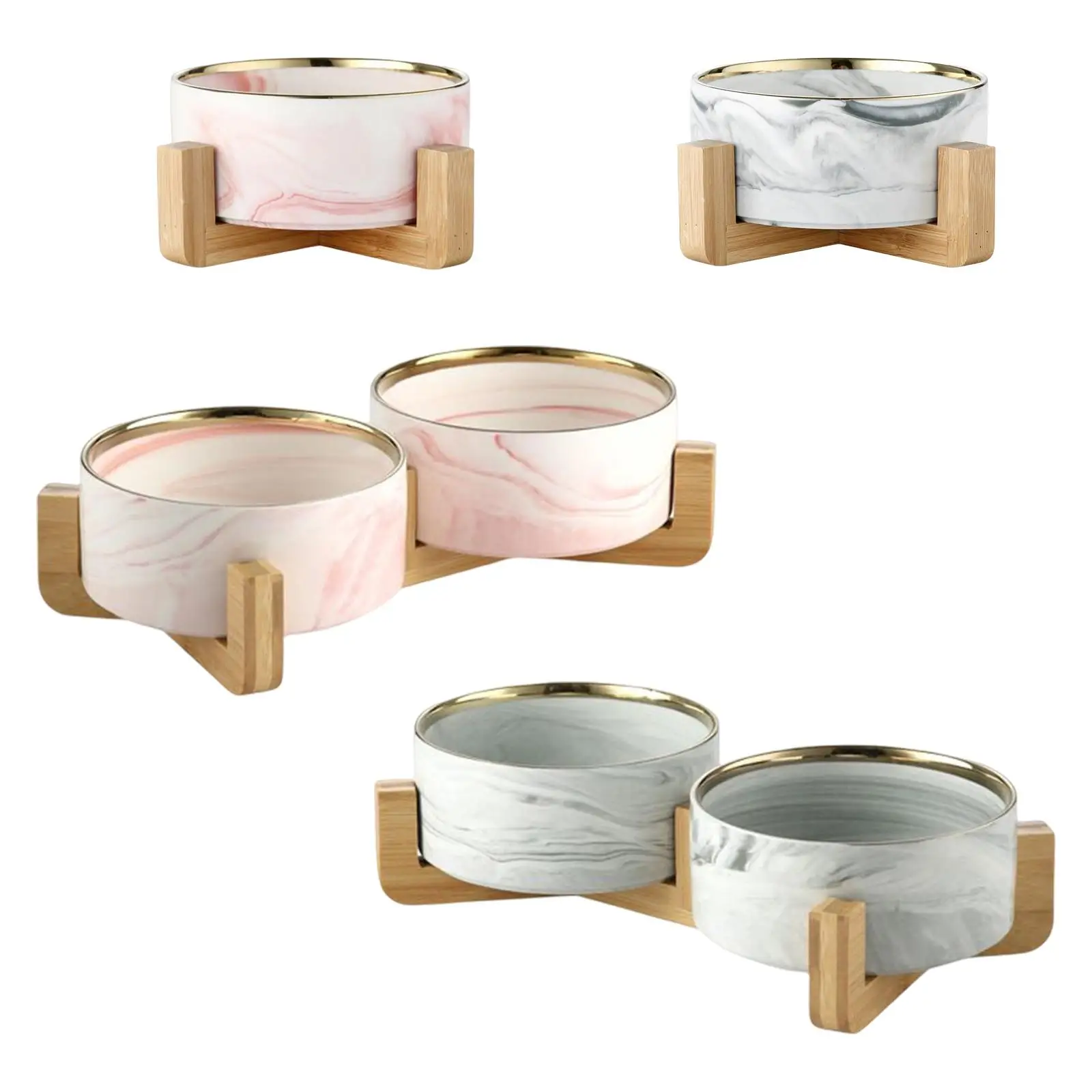 Portable Ceramic Cat Bowls with Non Slip Wooden Stand Raised Feeder Tableware for Dogs Puppies and Pets