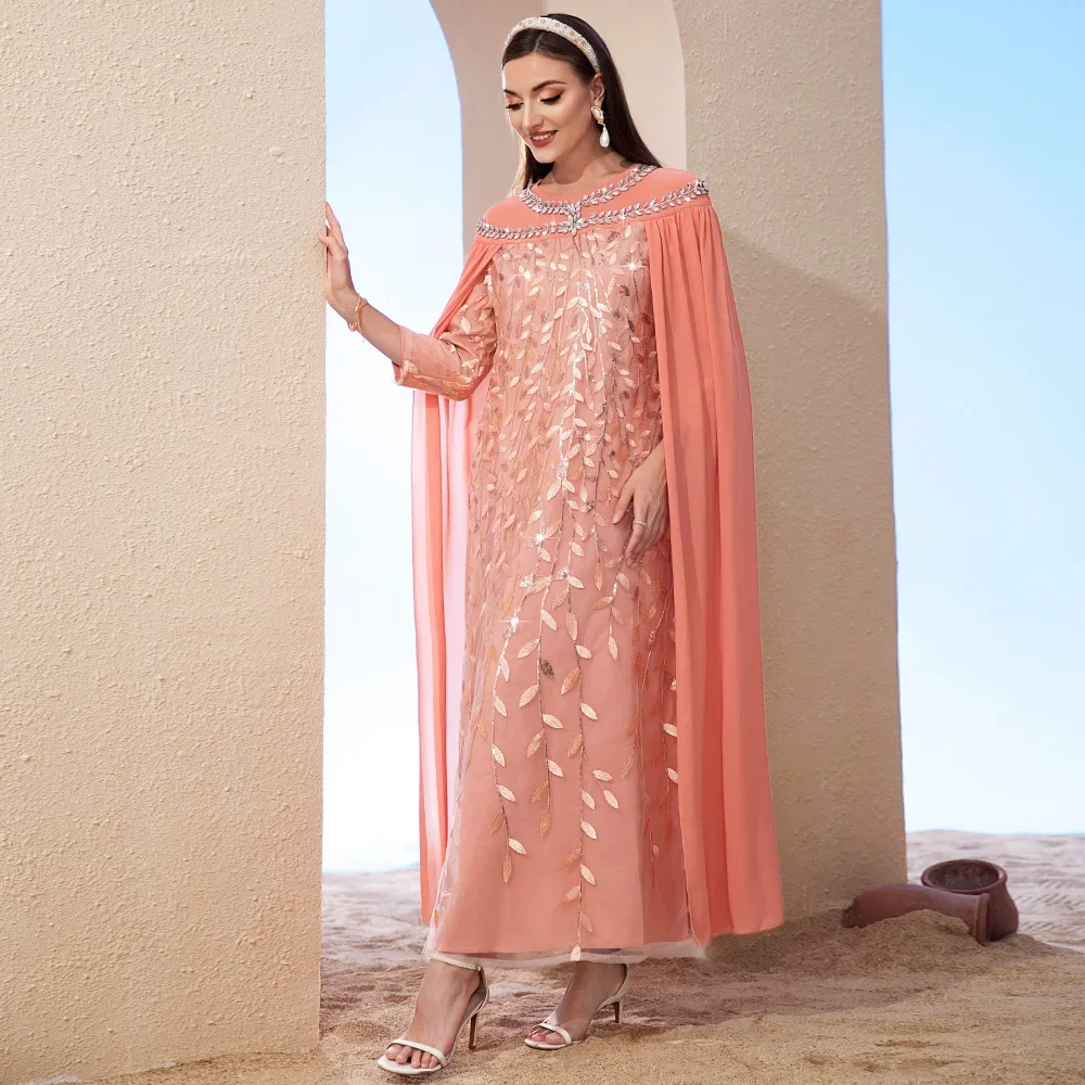 Eid Ramadan Abaya Embroidery Dress with Shawl in One Ladies Long Evening Dress Dubai Arabic Rhinestone Kaftan Islam Jalabiya