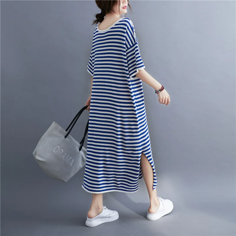 #3349 Blue Striped Knitted Dress Women V-neck Elastic T Shirt Dress Short Sleeve Sexy Loose Split Long T-shirt Dresses Summer