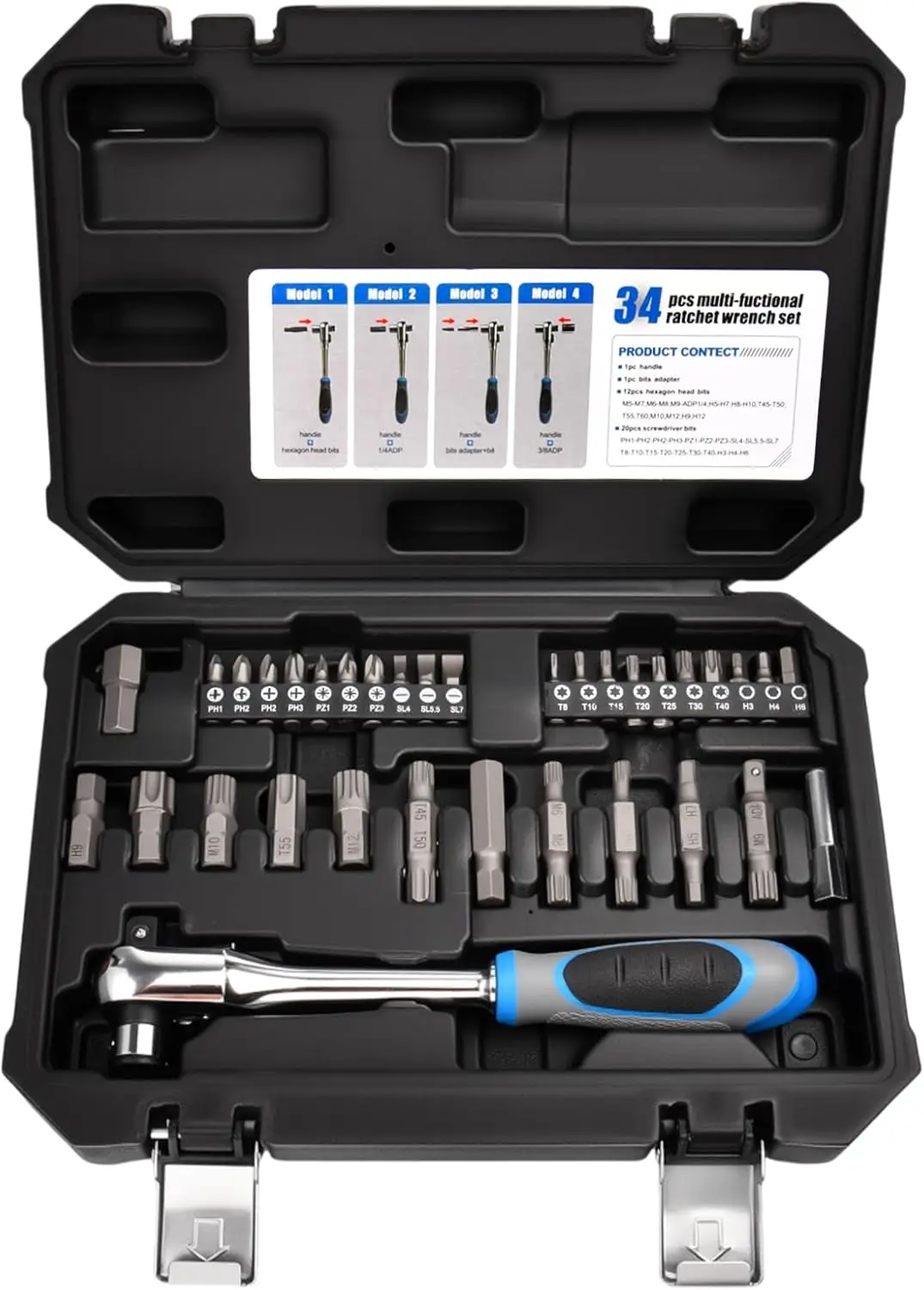 

34PCS Socket Set with Ratchet, Allen & Extension Bars, Storage Box – Compact Car Repair Tool Kit