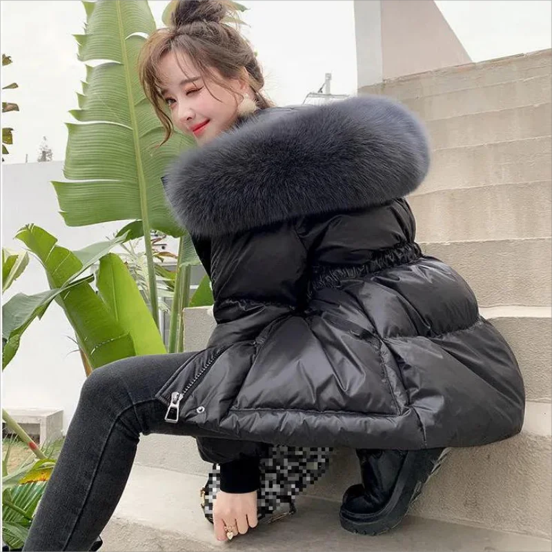 2024 Loose Big Fur Collar Hooded Jacket Women Thicken Cotton Padded Parkas Coat Autumn Winter Female Warm Clothes Outwear